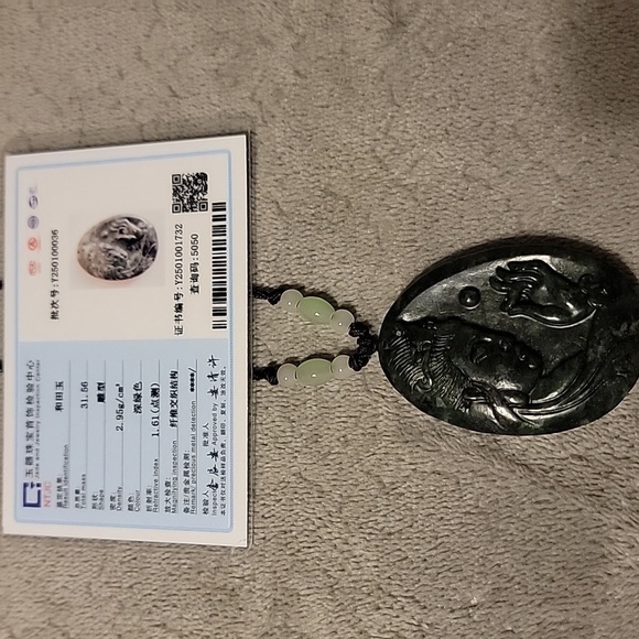 Certified Natural Gemstone Hotan Hetian Dark Green Carved Jade Pendant 53x38x8mm - Picture 5 of 9